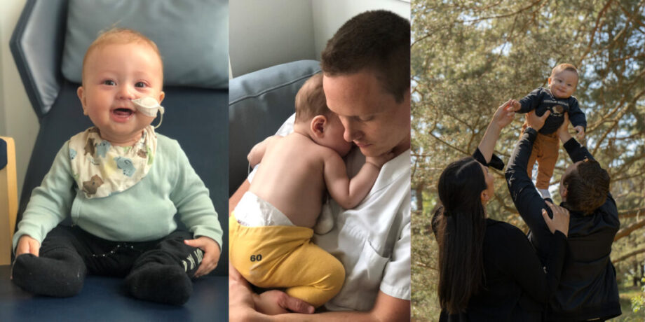 Kollage av bilder på bebis, mamma och pappa.